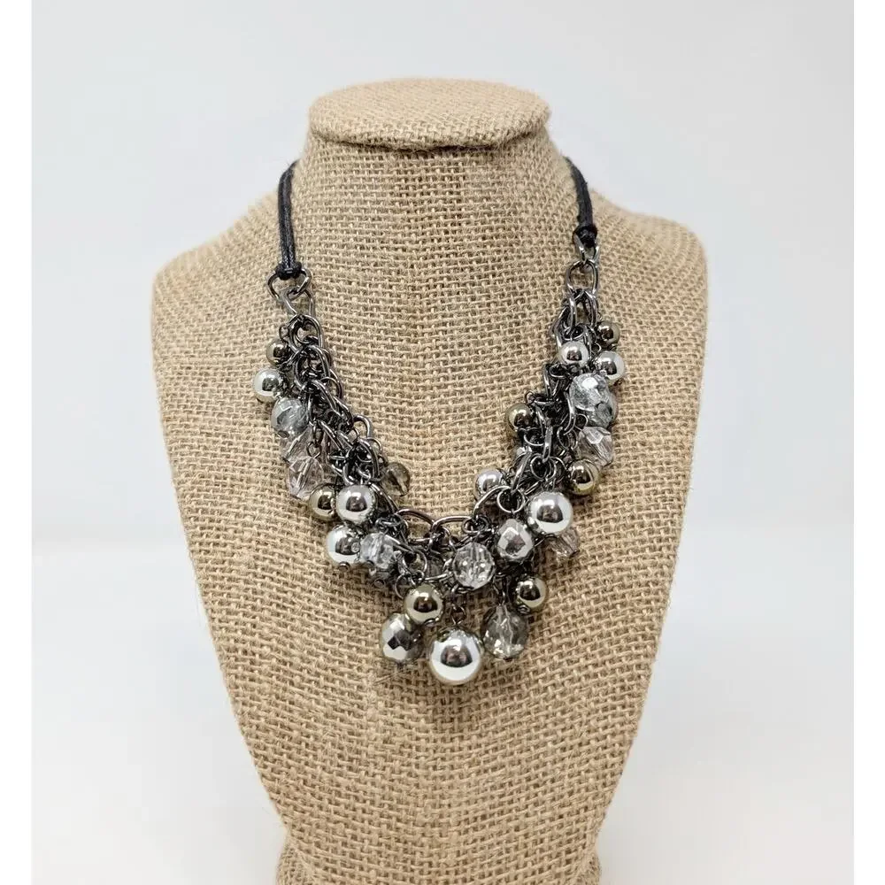 Silver Tone Necklace Beaded Statement Layered Multi-Strand Chunky Cluster
